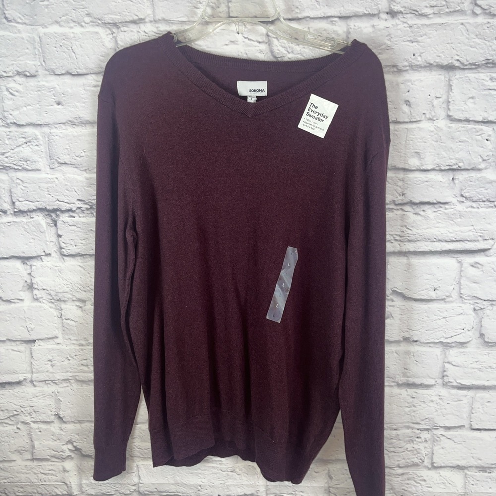 Sonoma Mens  NWT Casual Cotton Burgundy Lightweight  V-Neck Sweater Size L